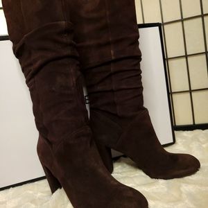 Tall suede brown heeled boots
